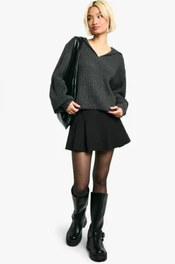 Oversized Jumpers|Jumpers*boohoo Oversized Collar Detail Chunky Knit V Neck Jumper charcoal