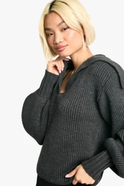 Oversized Jumpers|Jumpers*boohoo Oversized Collar Detail Chunky Knit V Neck Jumper charcoal