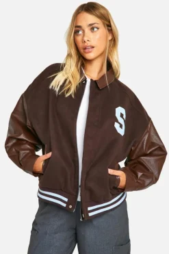 Up To 80% Off Winter Warmers|Bomber Jackets*boohoo Oversized Faux Leather Sleeve Bomber Jacket chocolate