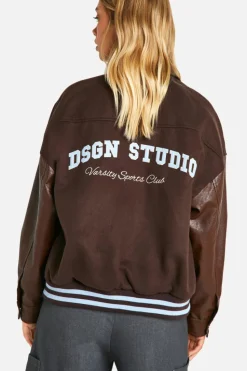 Up To 80% Off Winter Warmers|Bomber Jackets*boohoo Oversized Faux Leather Sleeve Bomber Jacket chocolate