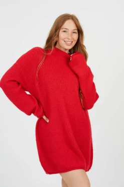 Oversized Jumpers*Brave Soul Oversized Fisherman Knit Turtleneck Jumper Red