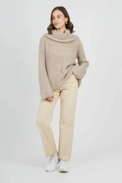 Oversized Jumpers*Brave Soul Oversized Fisherman Knit Roll Neck Jumper Stone