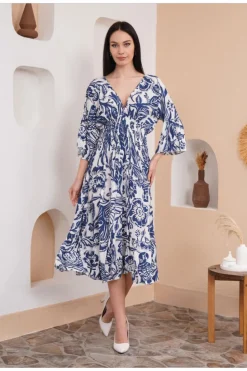 Midi Dresses*HOXTON GAL Oversized Flutter Sleeves Shirred Waist V Neck Midi Dress with Floral Print Blue