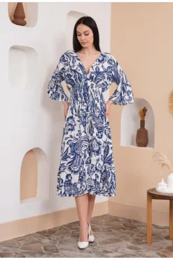 Midi Dresses*HOXTON GAL Oversized Flutter Sleeves Shirred Waist V Neck Midi Dress with Floral Print Blue
