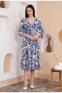Midi Dresses*HOXTON GAL Oversized Flutter Sleeves Shirred Waist V Neck Midi Dress with Floral Print Blue