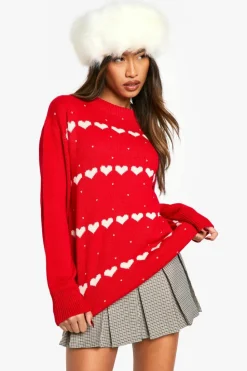 Oversized Jumpers*boohoo Oversized Hearts Jumper red