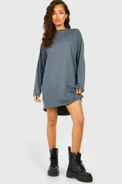 T-Shirt Dresses|Shirt Dresses*boohoo Oversized Long Sleeve Dipped Hem T-shirt Dress charcoal
