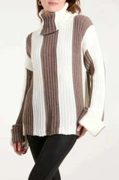 Oversized Jumpers*HOXTON GAL Oversized Roll Neck Detailed Vertical Striped Jumper Light Brown