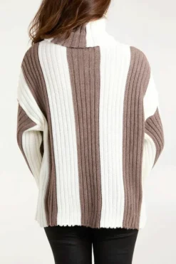 Oversized Jumpers*HOXTON GAL Oversized Roll Neck Detailed Vertical Striped Jumper Light Brown