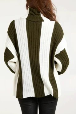Oversized Jumpers*HOXTON GAL Oversized Roll Neck Detailed Vertical Striped Jumper Khaki