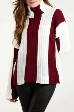 Oversized Jumpers*HOXTON GAL Oversized Roll Neck Detailed Vertical Striped Jumper Burgundy