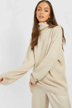 Oversized Jumpers*boohoo Oversized Roll Neck Rib Knitted Jumper stone