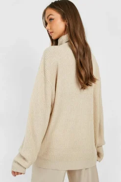 Oversized Jumpers*boohoo Oversized Roll Neck Rib Knitted Jumper stone