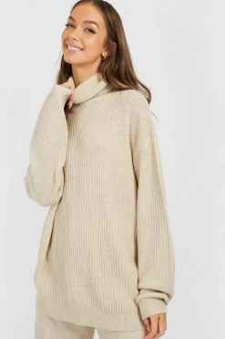Oversized Jumpers*boohoo Oversized Roll Neck Rib Knitted Jumper stone
