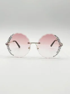 Sunglasses*SVNX Oversized Round Frameless Sunglasses with Crystal Detail in Pink Baby Pink