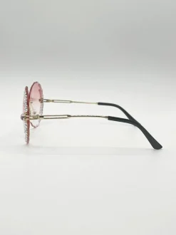 Sunglasses*SVNX Oversized Round Frameless Sunglasses with Crystal Detail in Pink Baby Pink