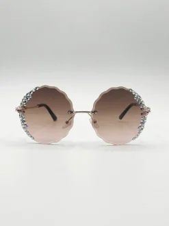Sunglasses*SVNX Oversized Round Frameless Sunglasses with Crystal Detail in Brown Light Brown