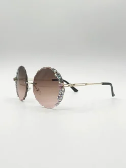 Sunglasses*SVNX Oversized Round Frameless Sunglasses with Crystal Detail in Brown Light Brown
