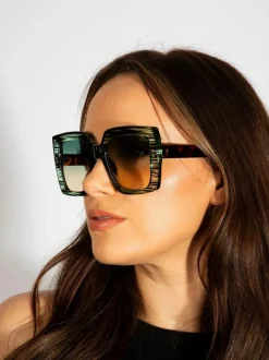 Sunglasses*SVNX Oversized Square Frame in Multi Print Green