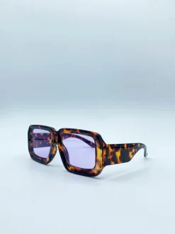 Sunglasses*SVNX Oversized Square Frame in Tortoiseshell with Purple Lenses Brown