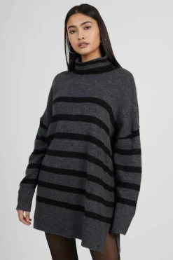 Oversized Jumpers*Brave Soul Oversized Striped Roll Neck Jumper Charcoal