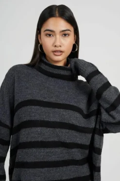 Oversized Jumpers*Brave Soul Oversized Striped Roll Neck Jumper Charcoal