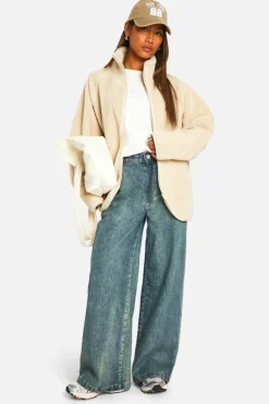 Up To 80% Off Winter Warmers|Bomber Jackets*boohoo Oversized Teddy Zip Up Jacket stone