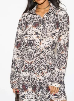 Shirt Dresses*HOXTON GAL Oversized Tie Detailed Tunic Shirt Dress with Long Sleeves Multi
