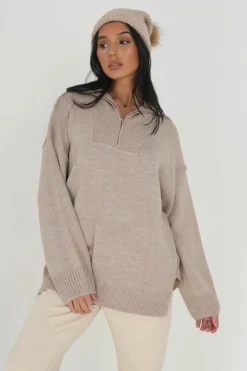 Oversized Jumpers*Brave Soul Oversized Zip Collar Knitted Jumper Stone