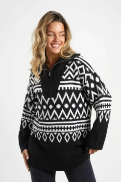 Oversized Jumpers*Brave Soul Oversized Zip Neck Knitted Pattern Jumper Black
