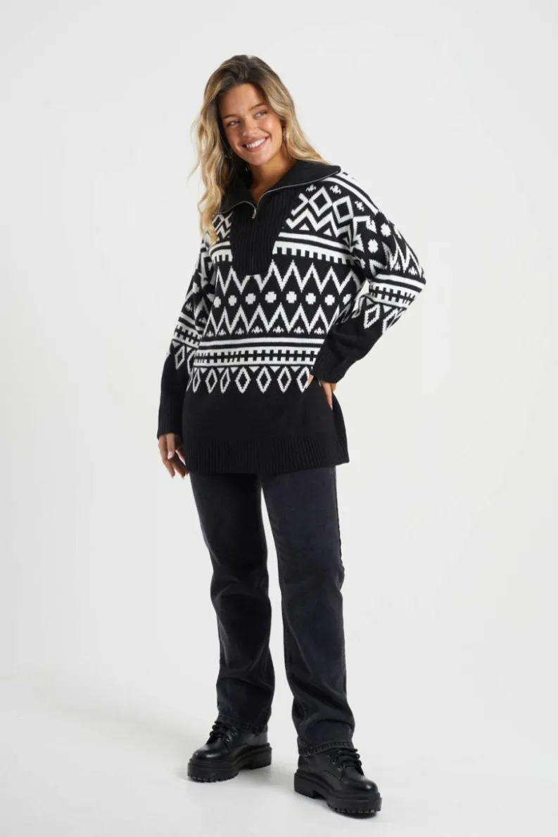 Oversized Jumpers*Brave Soul Oversized Zip Neck Knitted Pattern Jumper Black