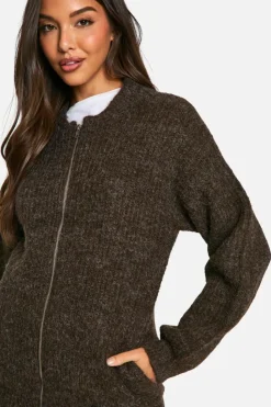 Up To 80% Off Winter Warmers|Bomber Jackets*boohoo Oversized Zip Through Knitted Bomber Jacket chocolate