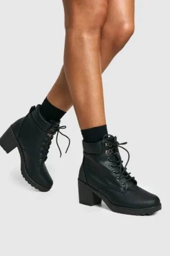 Heels|Biker Boots*boohoo Padded Cuff Block Heel Hiker Boots black