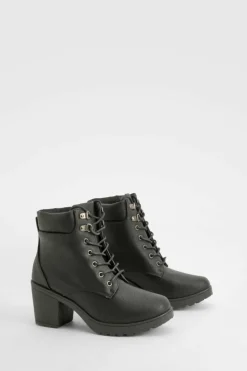 Heels|Biker Boots*boohoo Padded Cuff Block Heel Hiker Boots black
