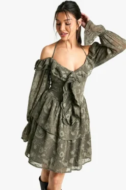Skater Dresses*boohoo Paisley Burnout Ruffle Front Skater Dress dark olive
