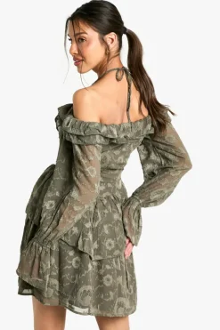 Skater Dresses*boohoo Paisley Burnout Ruffle Front Skater Dress dark olive