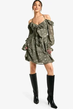 Skater Dresses*boohoo Paisley Burnout Ruffle Front Skater Dress dark olive