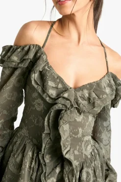 Skater Dresses*boohoo Paisley Burnout Ruffle Front Skater Dress dark olive