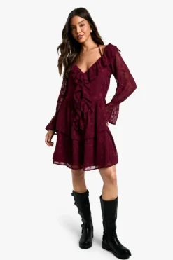 Skater Dresses|Mini Dresses*boohoo Paisley Burnout Ruffle Front Skater Dress merlot