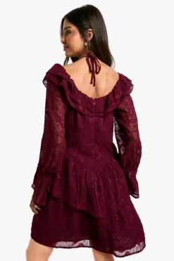 Skater Dresses|Mini Dresses*boohoo Paisley Burnout Ruffle Front Skater Dress merlot