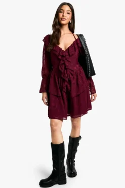Skater Dresses|Mini Dresses*boohoo Paisley Burnout Ruffle Front Skater Dress merlot