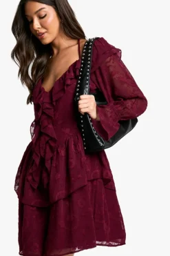 Skater Dresses|Mini Dresses*boohoo Paisley Burnout Ruffle Front Skater Dress merlot