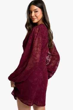Mini Dresses*boohoo Paisley Burnout Volume Sleeve Mini Dress merlot
