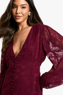 Mini Dresses*boohoo Paisley Burnout Volume Sleeve Mini Dress merlot