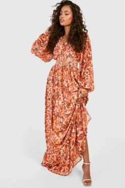 Smock Dresses*boohoo Paisley Print Long Sleeve Maxi Dress cream