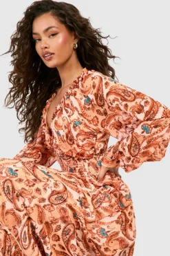 Smock Dresses*boohoo Paisley Print Long Sleeve Maxi Dress cream