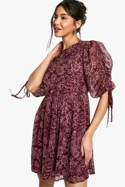 Smock Dresses*boohoo Paisley Ruched Sleeve Mini Dress plum
