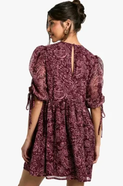 Smock Dresses*boohoo Paisley Ruched Sleeve Mini Dress plum