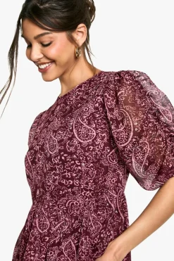 Smock Dresses*boohoo Paisley Ruched Sleeve Mini Dress plum