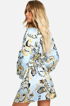 Wrap Dresses*boohoo Paisley Satin Balloon Sleeve Wrap Mini Dress blue